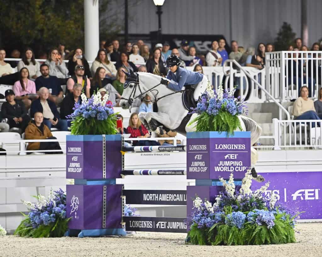 A rider on a grey horse jumping over a Longines FEI Jumping World Cup obstacle in a stadium.