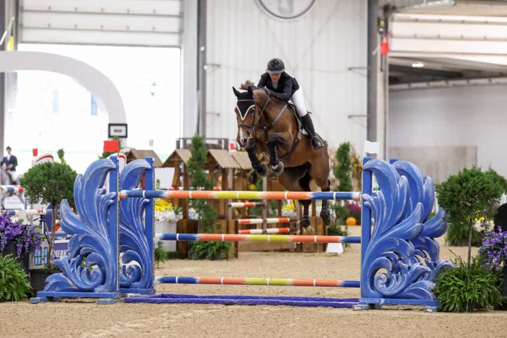 A rider in formal equestrian gear jumping a horse over a blue ornate obstacle in an indoor arena.