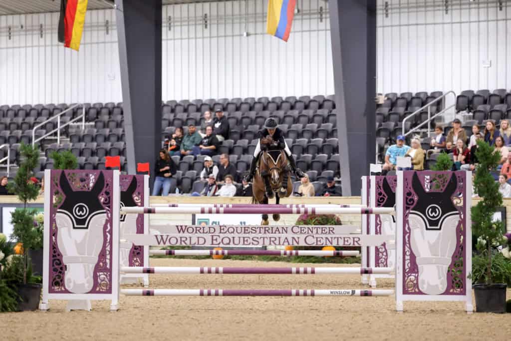 A rider on a horse mid-jump over an obstacle at the World Equestrian Center.