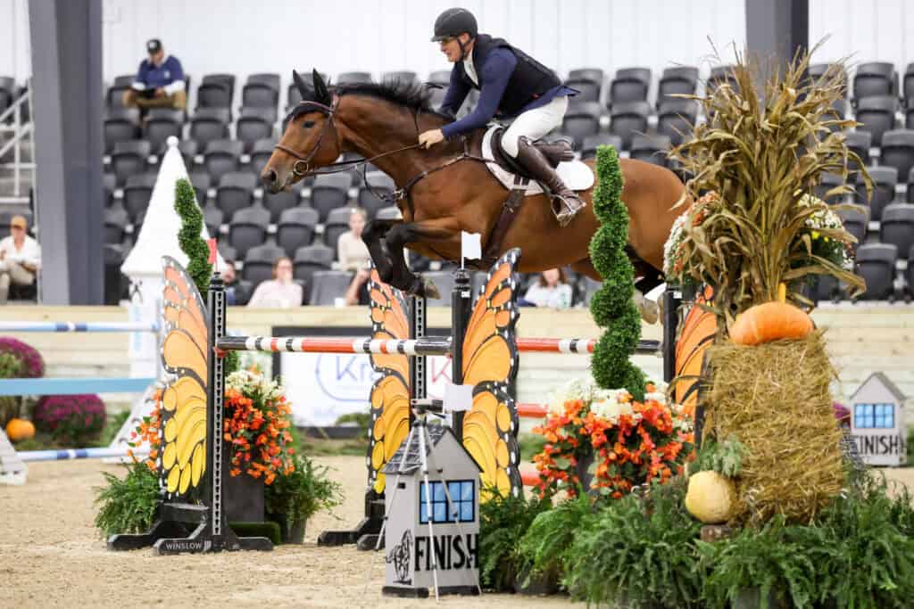 A horse and rider jumping over an obstacle decorated with butterfly wings and pumpkins.