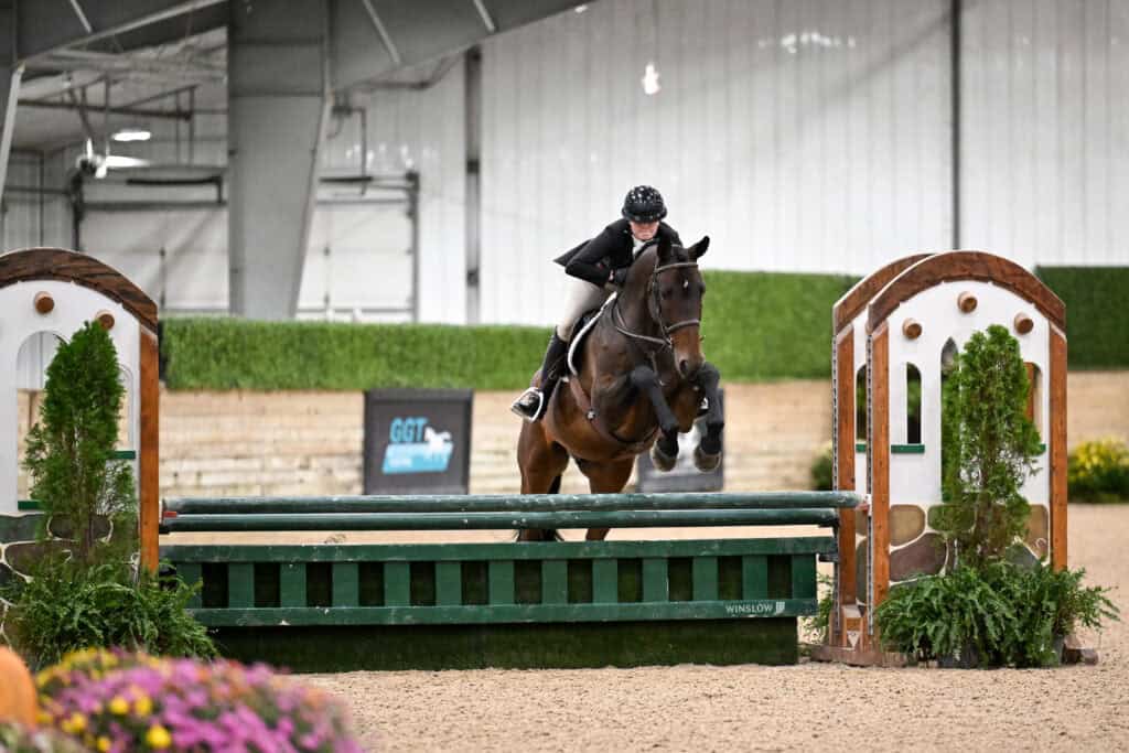 A horse and rider jumping over a green fence in an indoor arena.