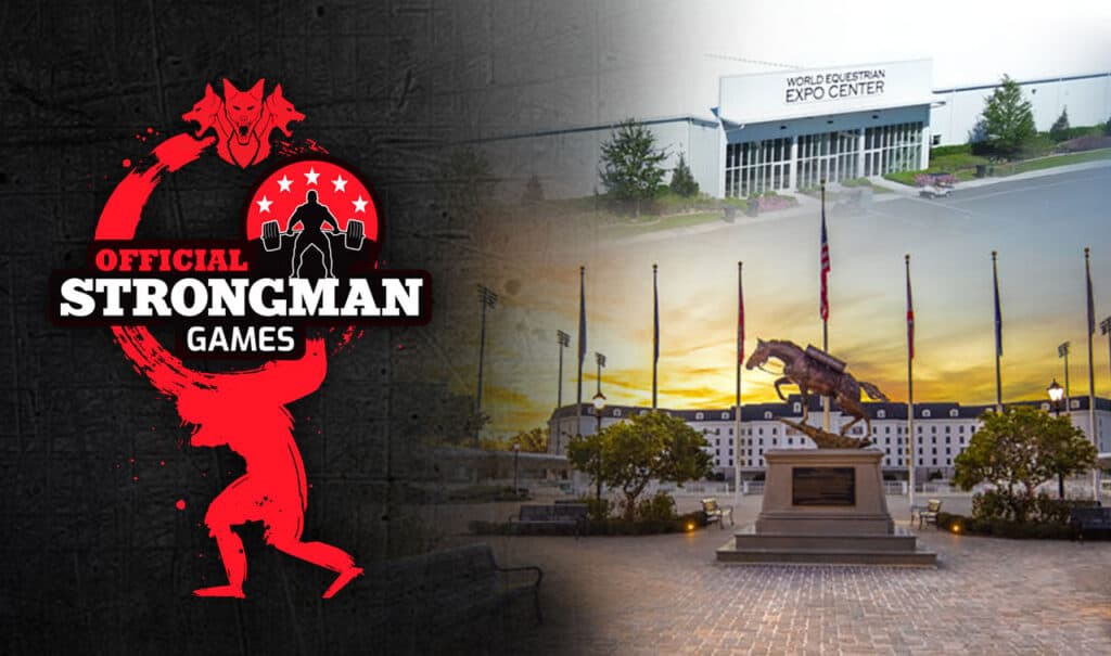 Official Strongman Games logo next to images of the World Equestrian Expo Center and a horse statue at sunset.