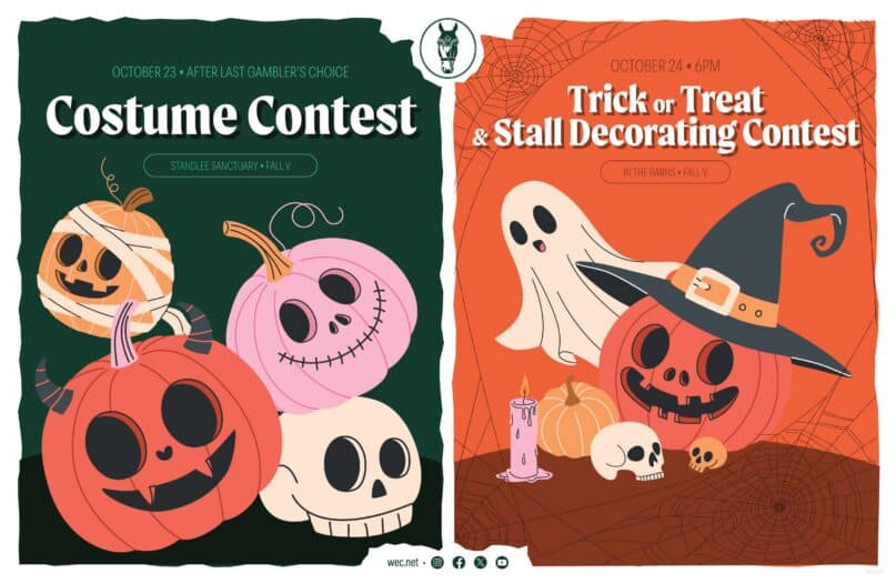 Flyer for two Halloween events: a Costume Contest on October 23 at Standlee Sanctuary, and a Trick or Treat and Stall Decorating Contest on October 24 in the barns.